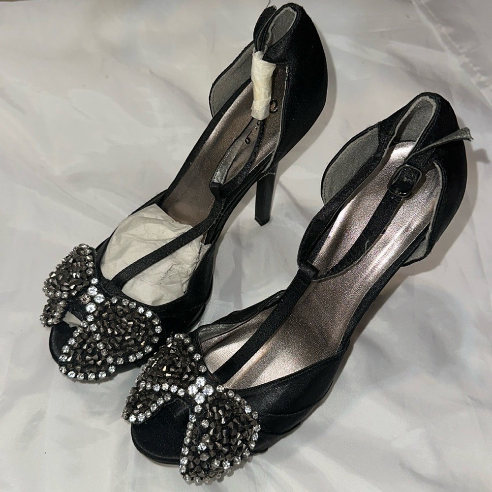 Black Satin T-Strap Platform Heels Peep Toe Rhinestone Studded Bow Stiletto 5"